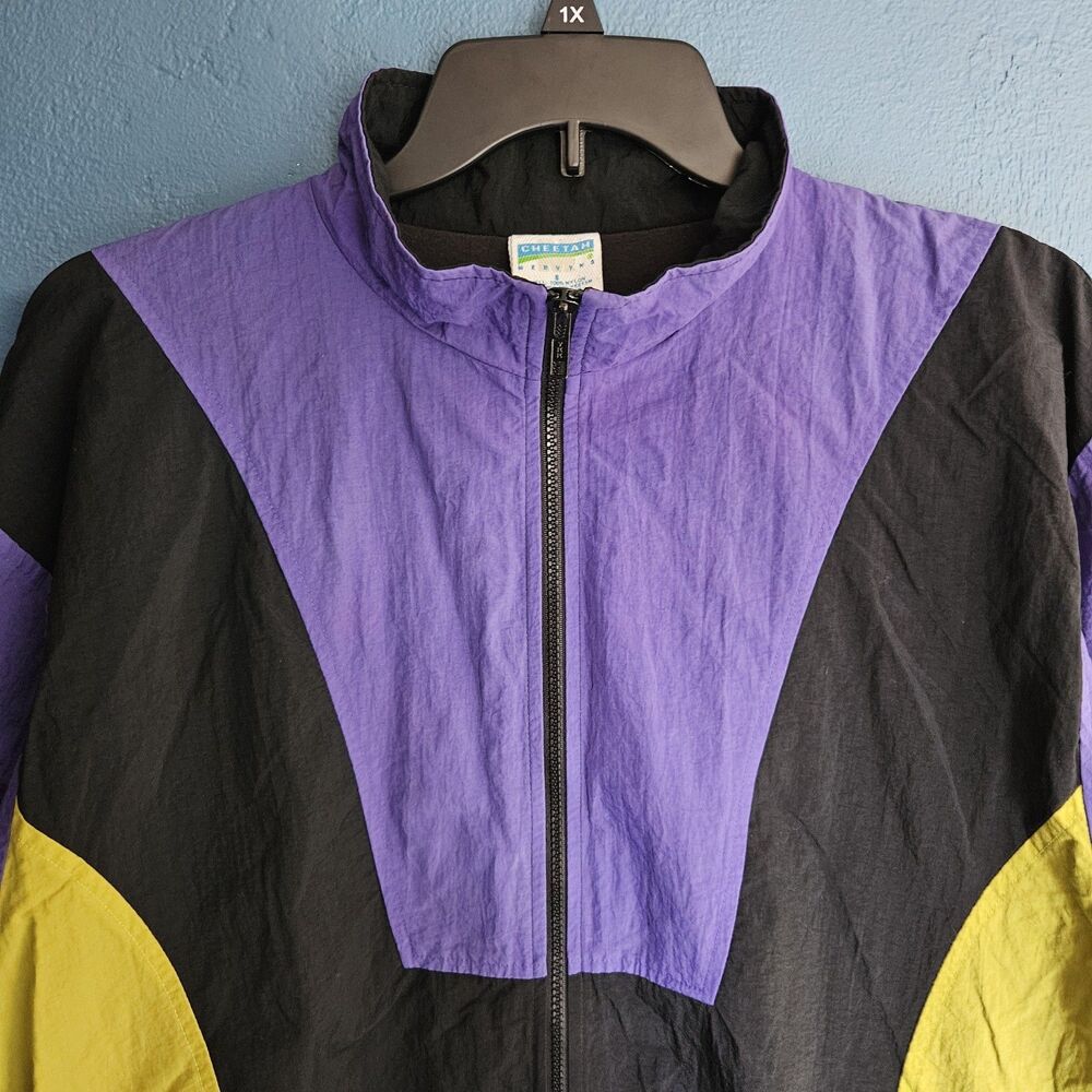 VTG 90s Cheetah Mervyns Windbreaker Jacket Small Purple Black Yellow Colorblock